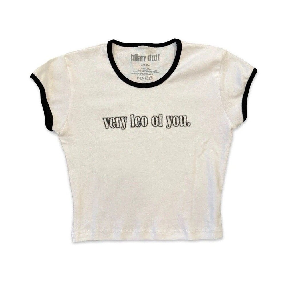 Hilary Duff Very Leo of You Baby Tee T-Shirt White/Black Trim Cotton Sz M Mature